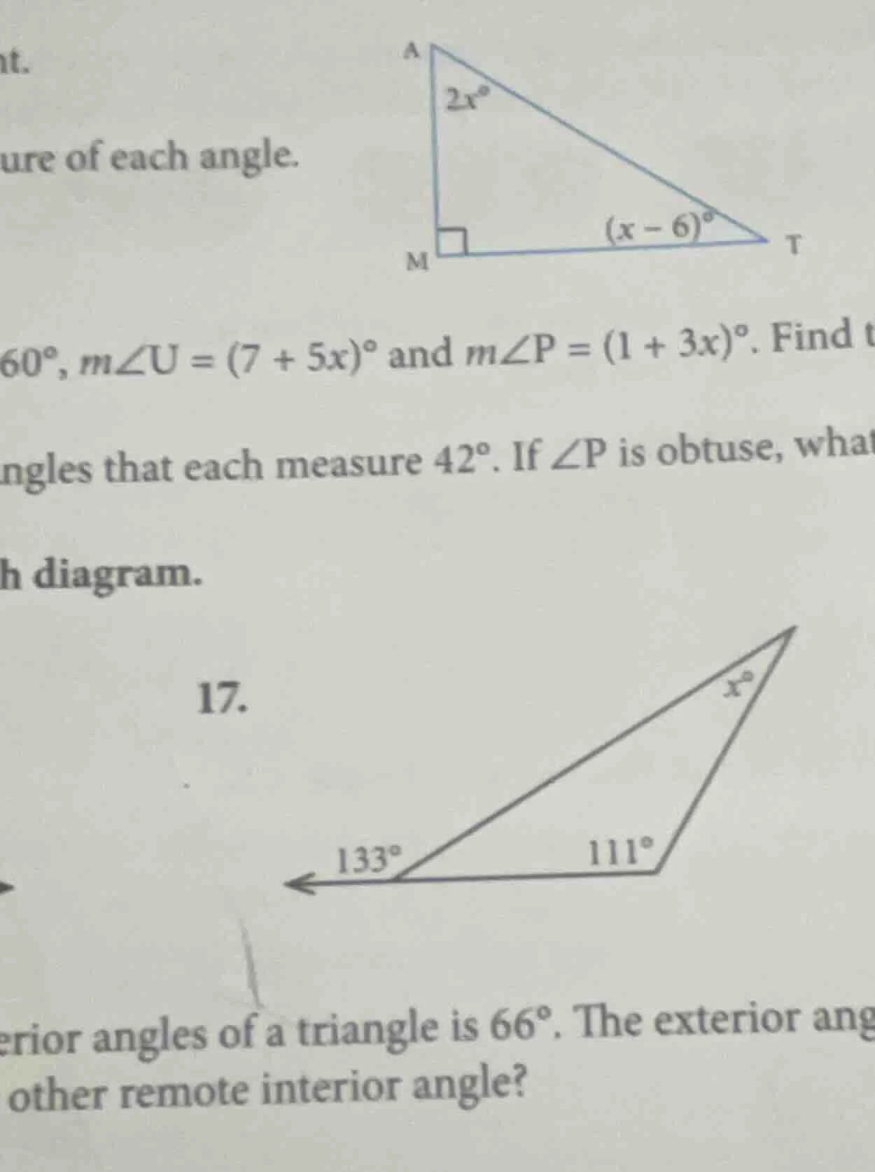 ure of each angle. 60°, ( mangle u = (7 + 5x)^circ ) and ( mangle p = (…
