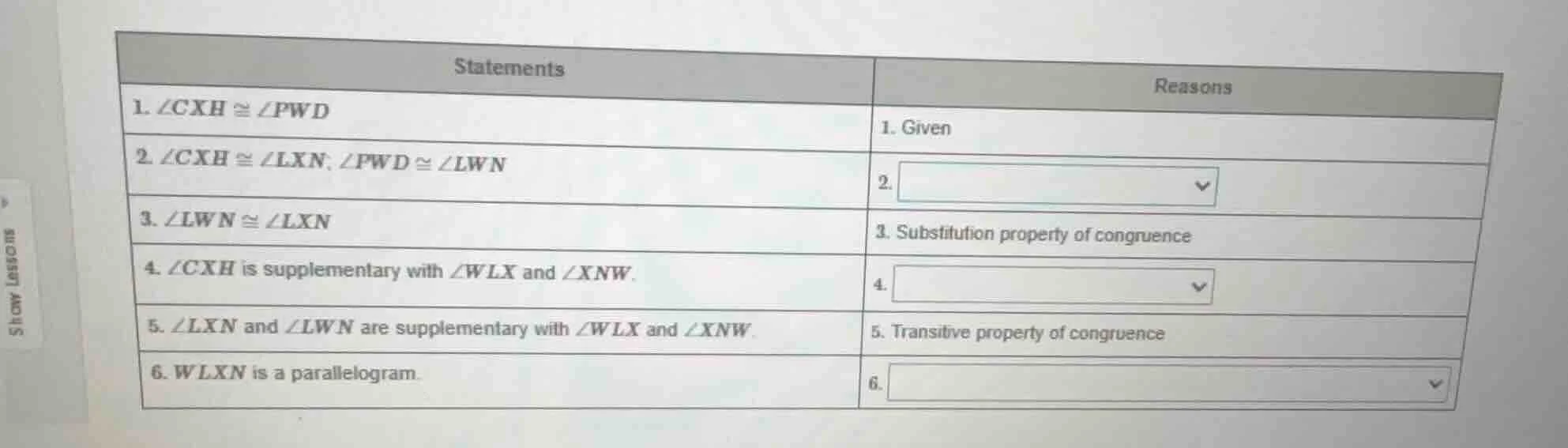 statements reasons 1. $\\angle cxh \\cong \\angle pwd$ 1. given 2. $\\a…