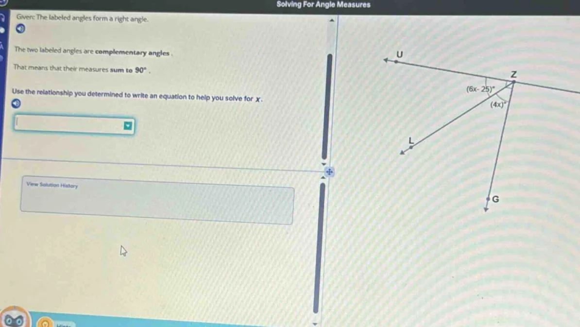 solving for angle measures given: the labeled angles form a right angle…
