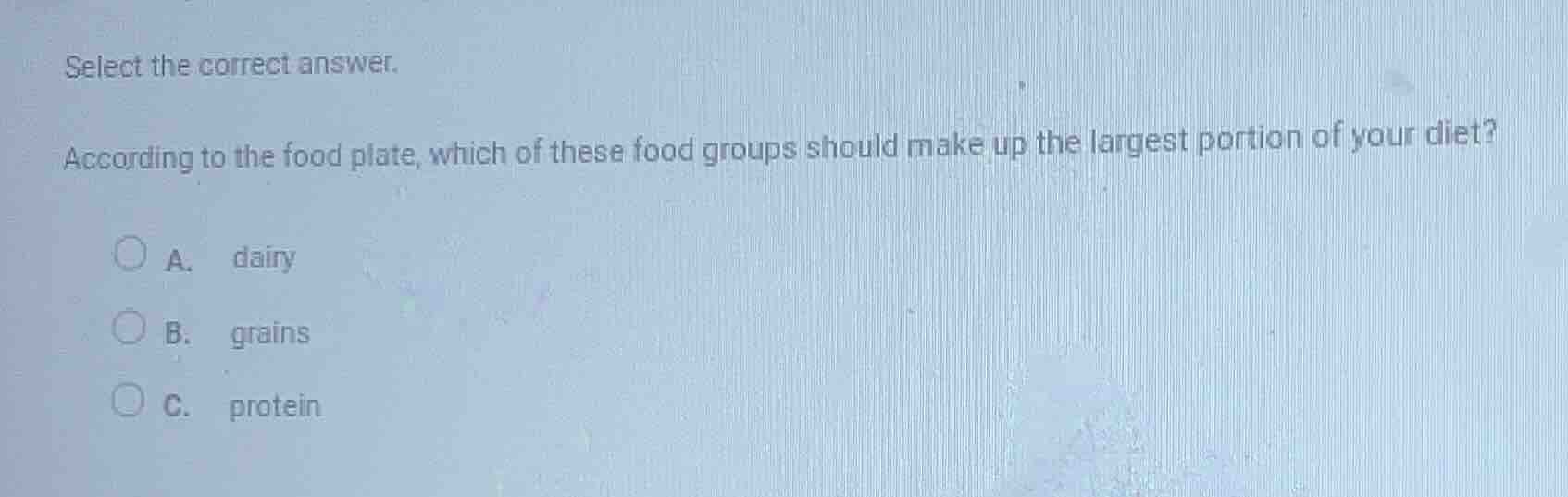select the correct answer. according to the food plate, which of these …