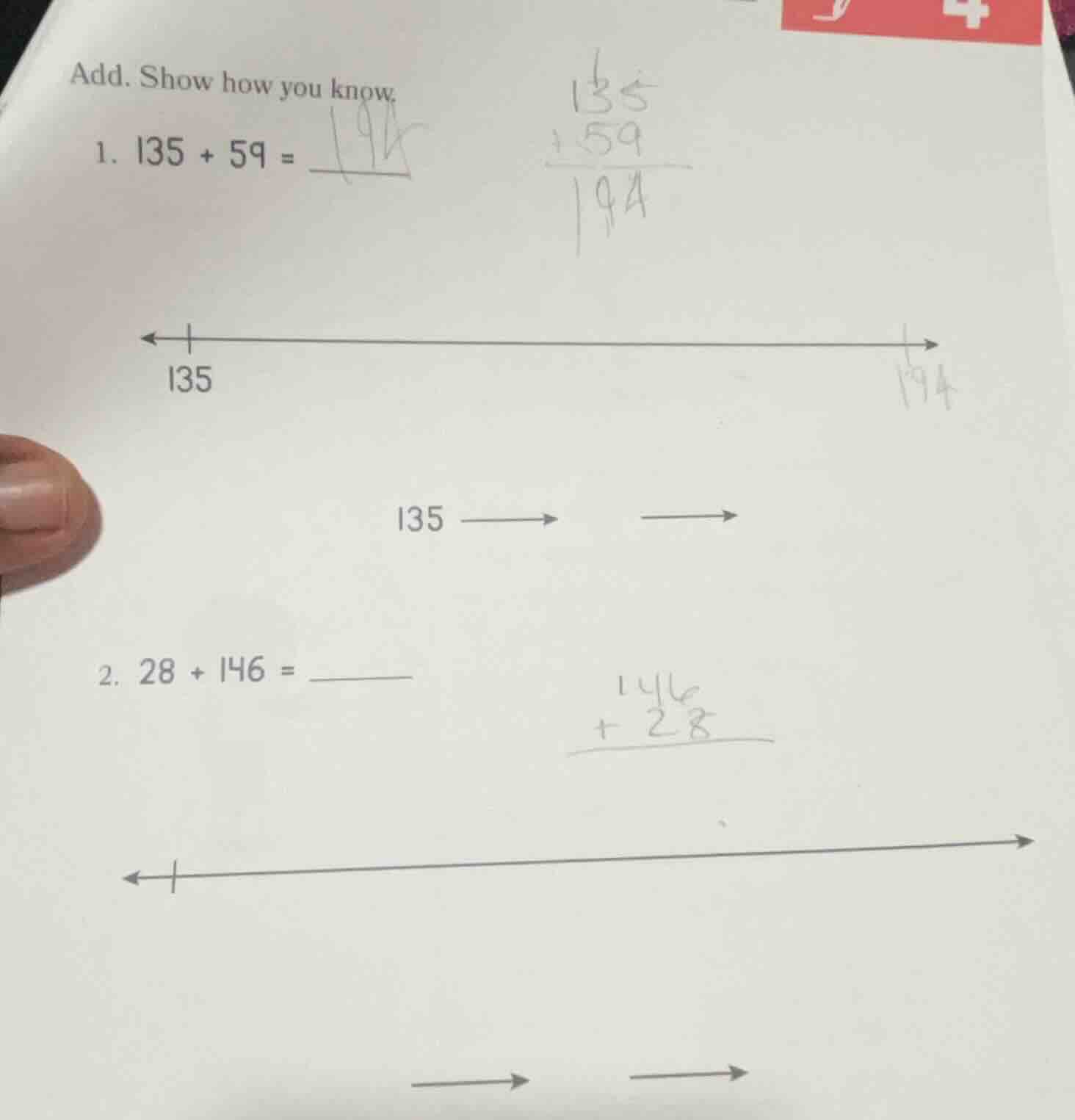 add. show how you know.1. 135 + 59 = 2. 28 + 146 =