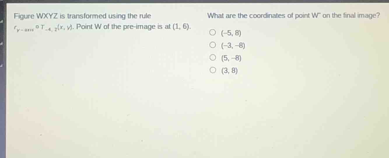 figure wxyz is transformed using the rule $r_{y-axis} \\circ t_{-4, 2}(…