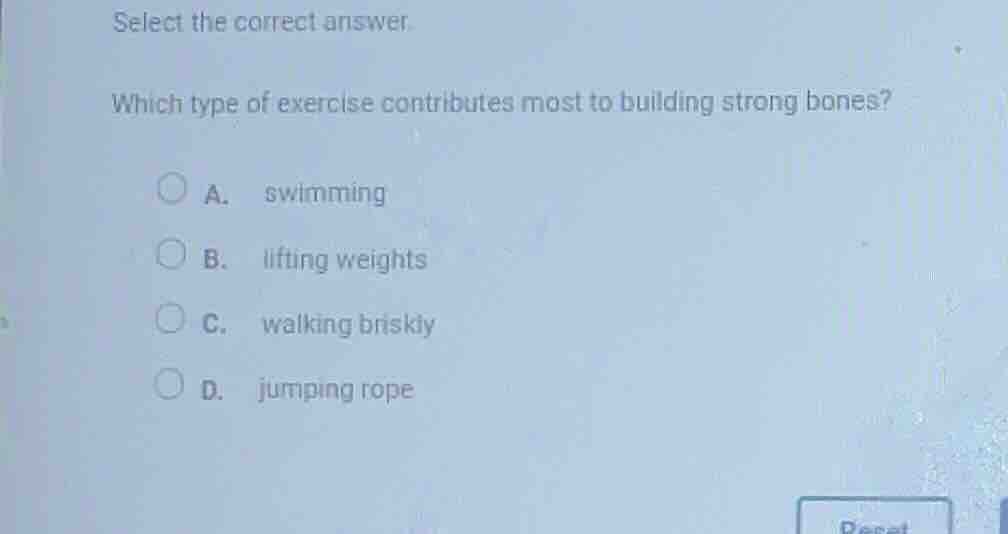 select the correct answer. which type of exercise contributes most to b…