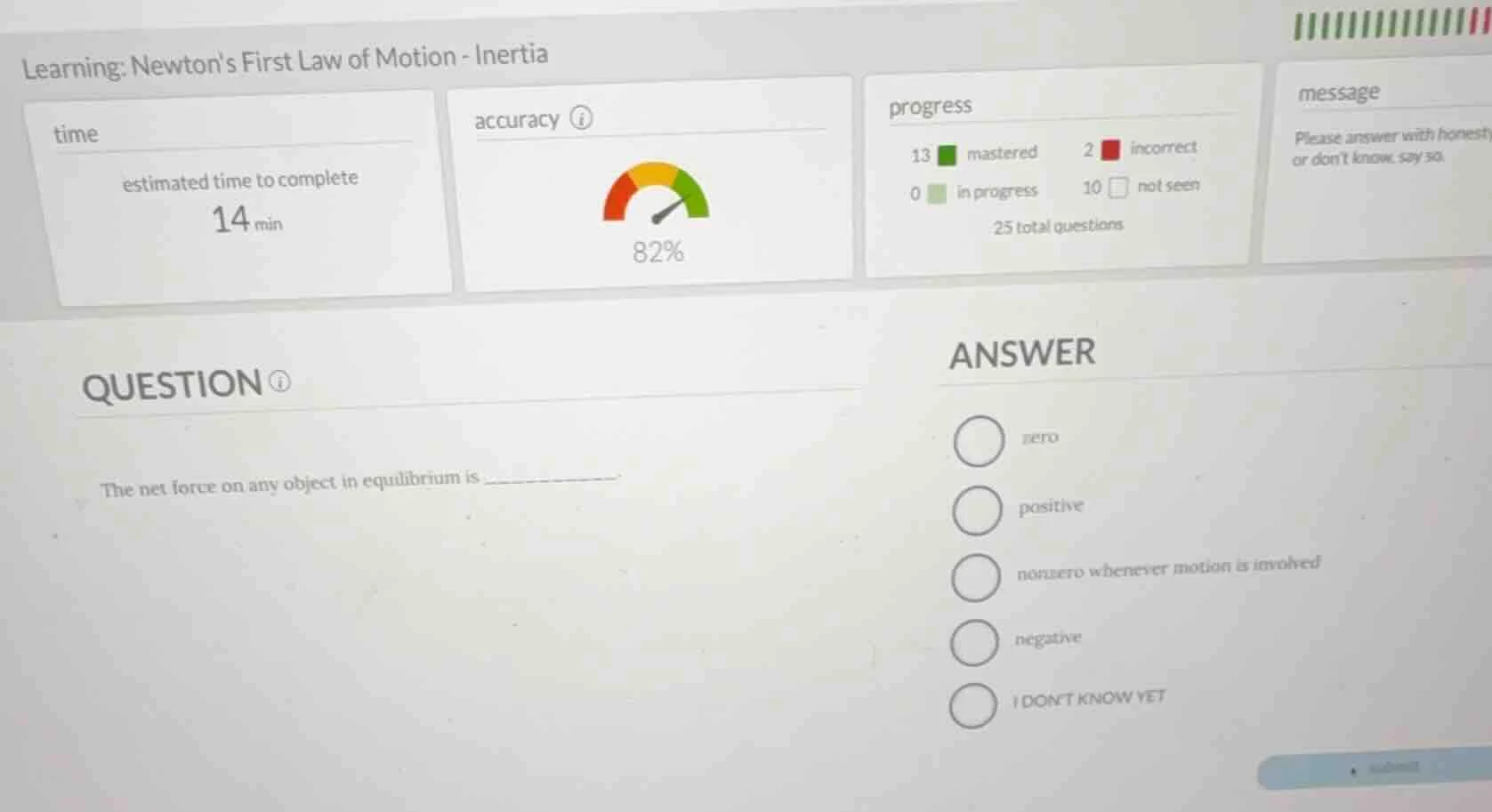learning: newtons first law of motion - inertia question the net force …