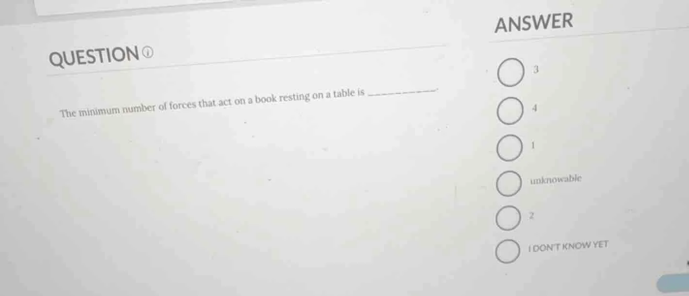 question ① the minimum number of forces that act on a book resting on a…
