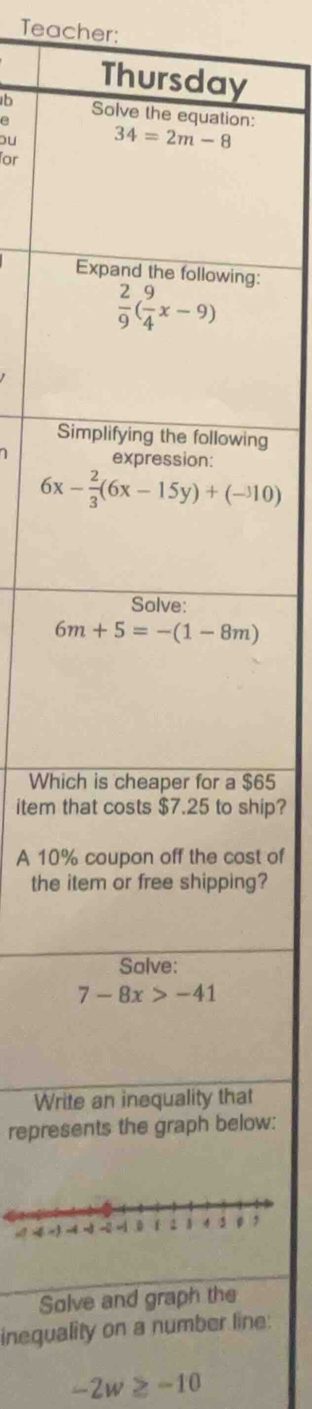teacher: thursday solve the equation: $34 = 2m - 8$ expand the followin…