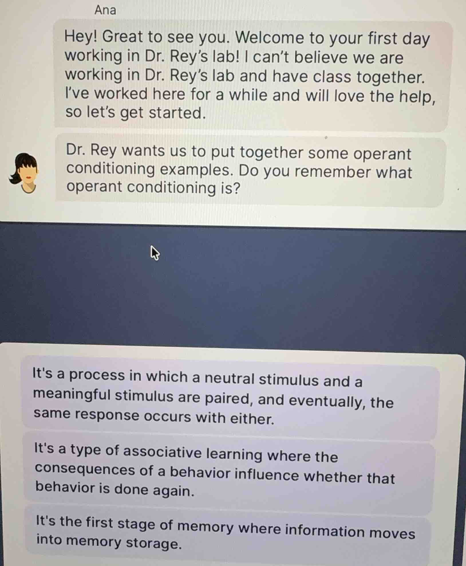 ana hey! great to see you. welcome to your first day working in dr. rey…