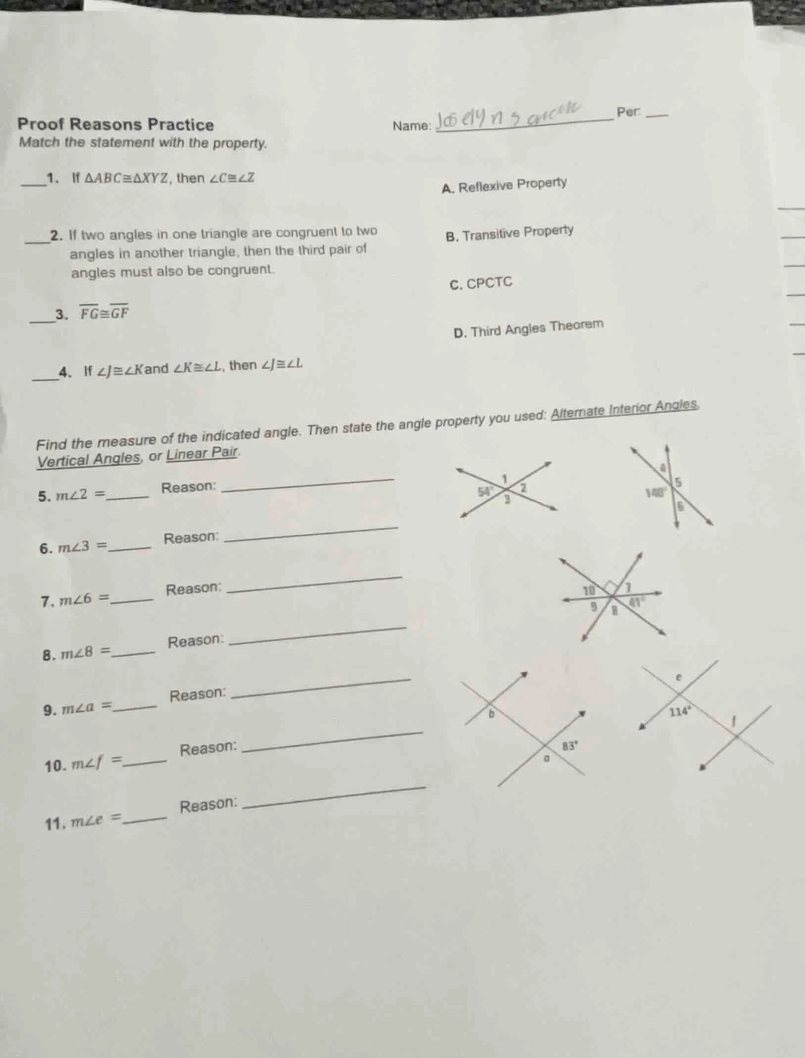 proof reasons practice match the statement with the property. 1. if $\\…