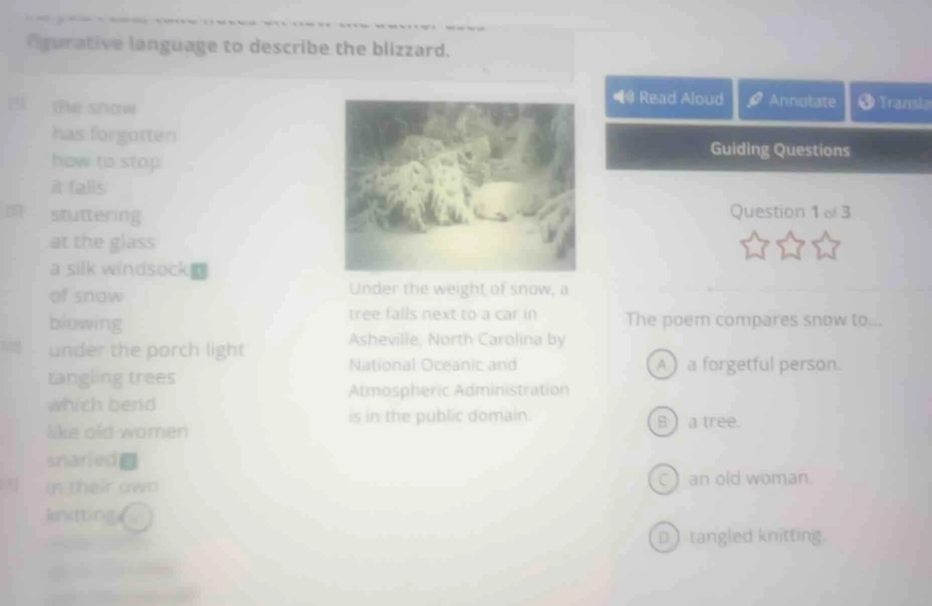 figurative language to describe the blizzard. under the weight of snow,…