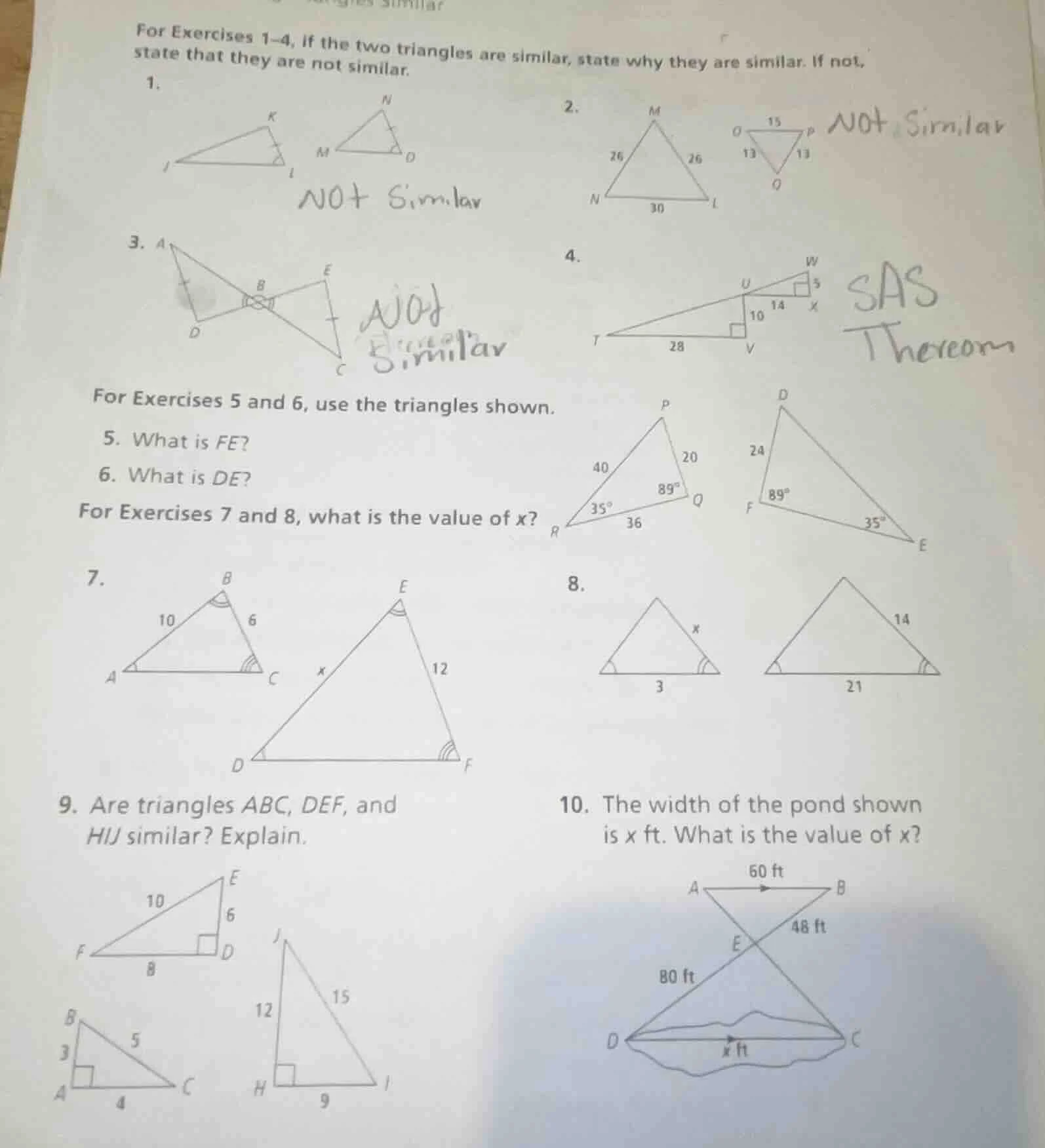 for exercises 1–4, if the two triangles are similar, state why they are…