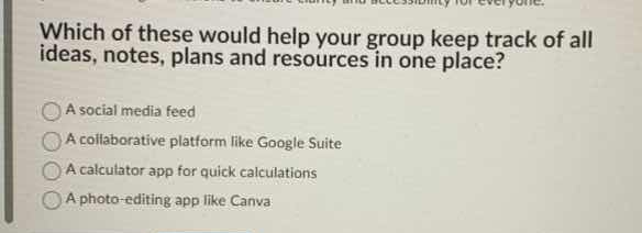 which of these would help your group keep track of all ideas, notes, pl…