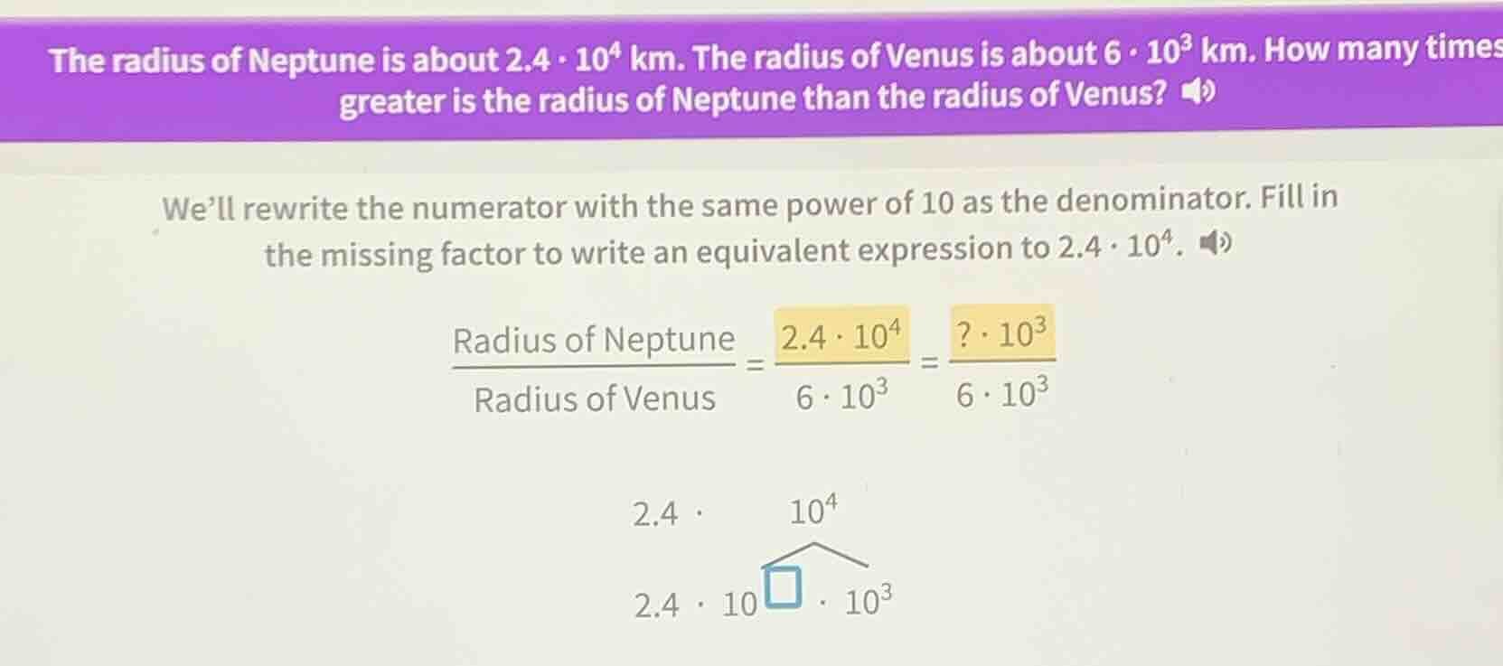 the radius of neptune is about $2.4 \\cdot 10^4$ km. the radius of venu…