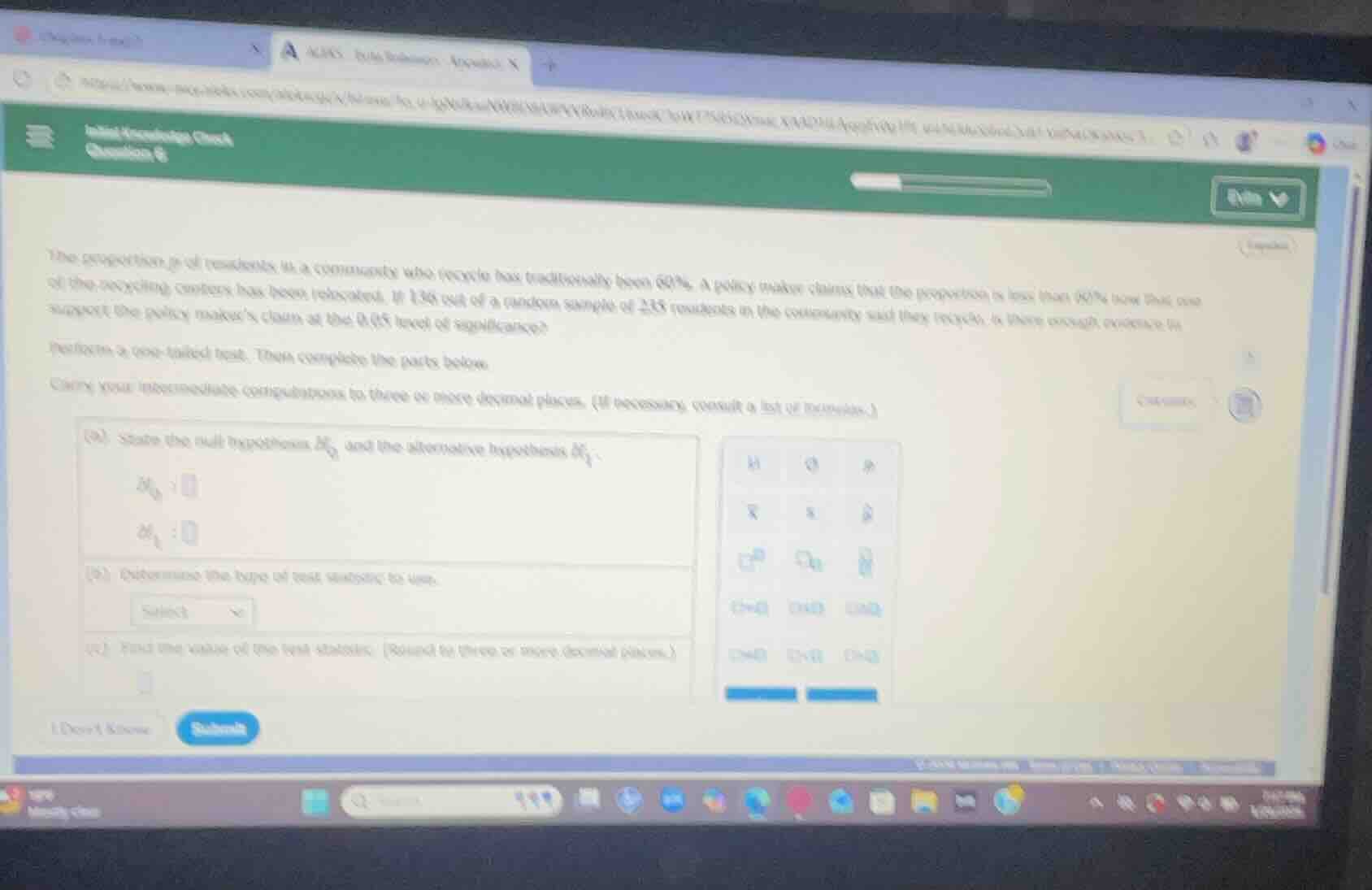 the proportion ( p ) of residents in a community who recycle has tradit…