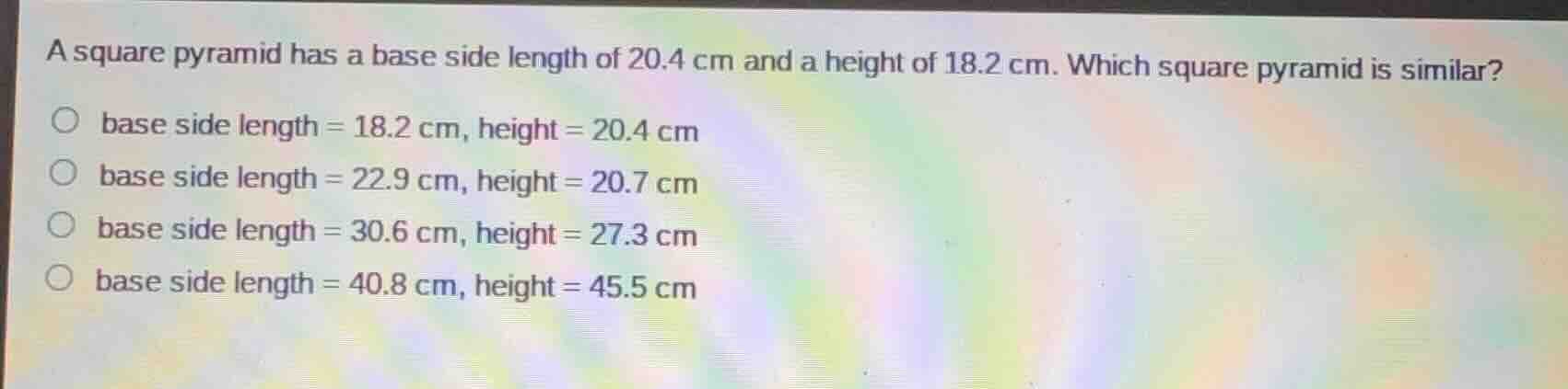 a square pyramid has a base side length of 20.4 cm and a height of 18.2…