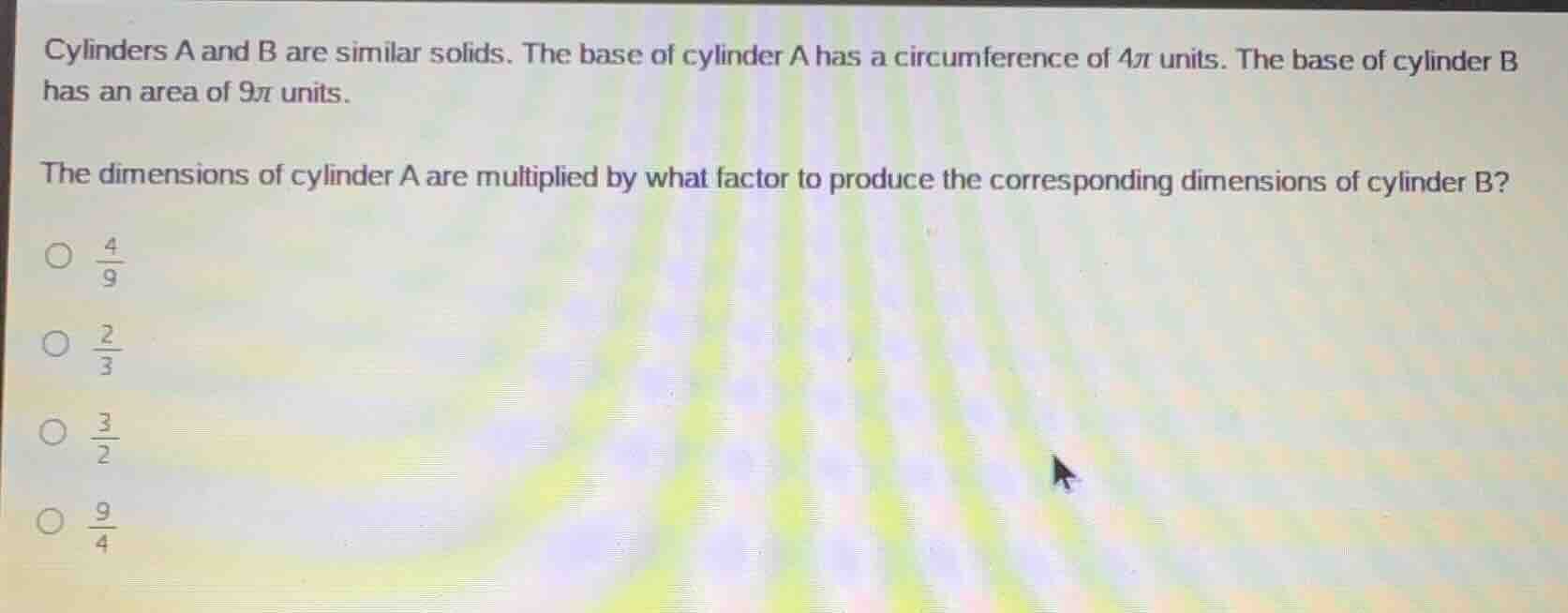 cylinders a and b are similar solids. the base of cylinder a has a circ…