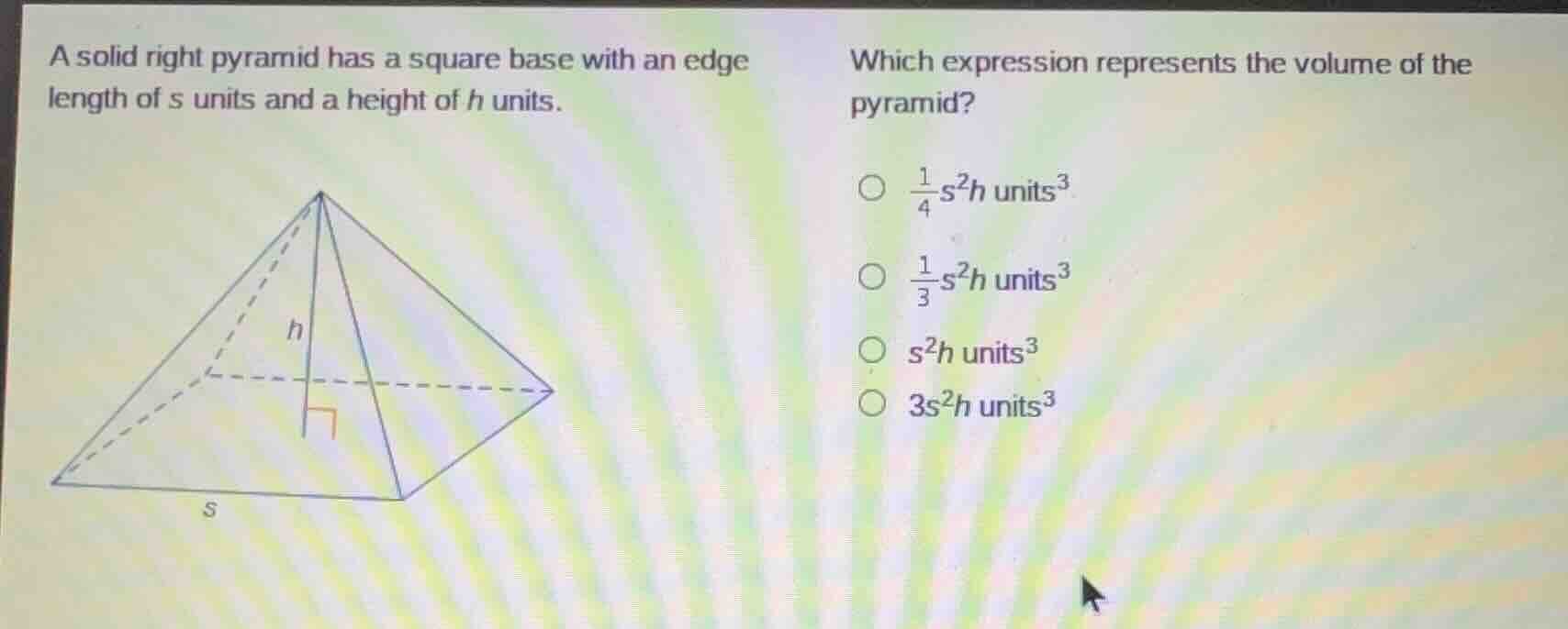 a solid right pyramid has a square base with an edge length of s units …
