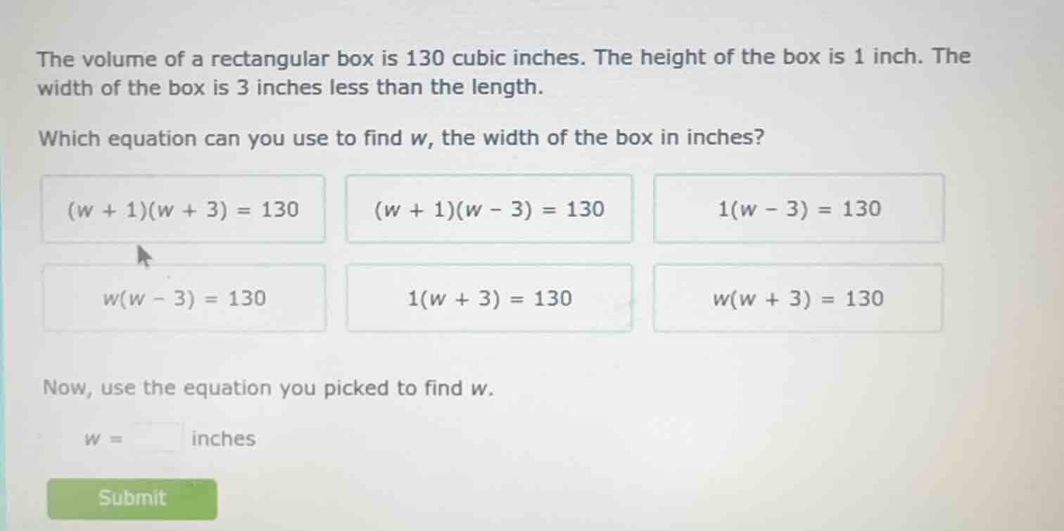 the volume of a rectangular box is 130 cubic inches. the height of the …
