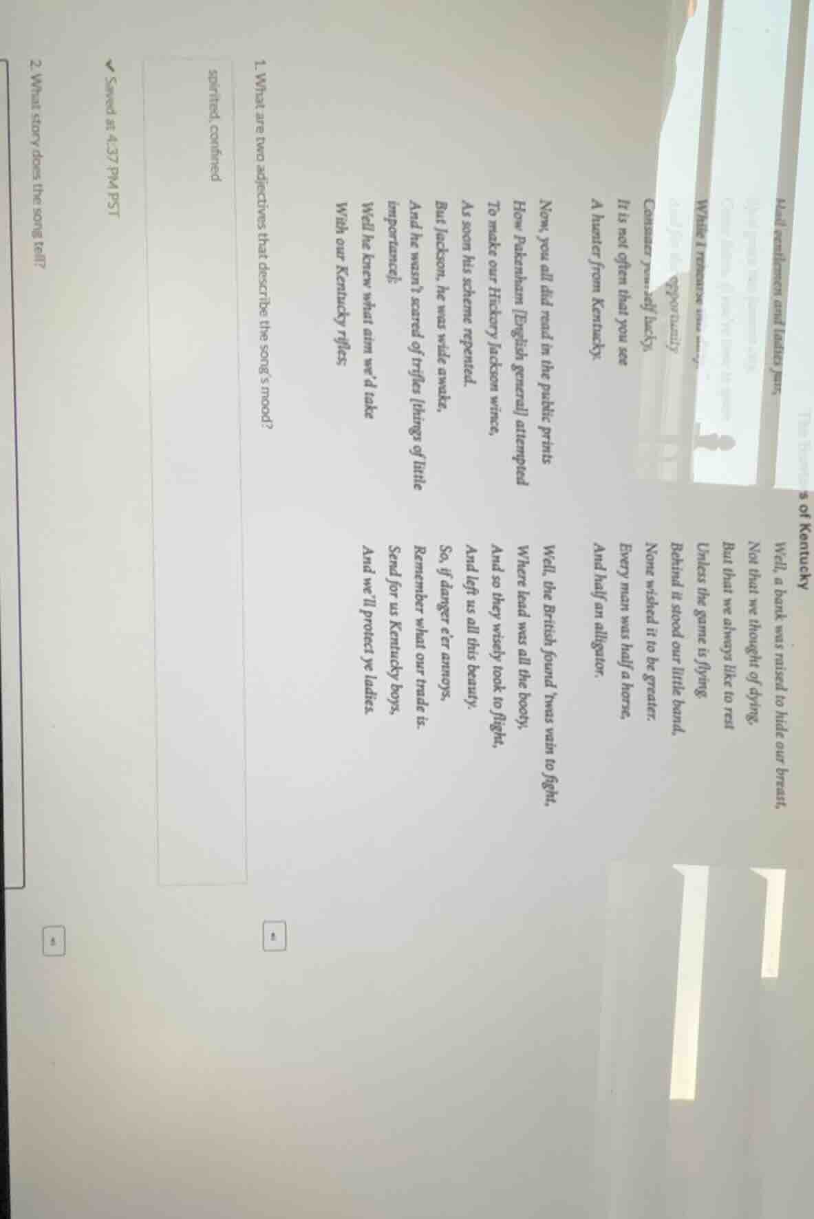 1. what are two adjectives that describe the song’s mood? spirited, con…