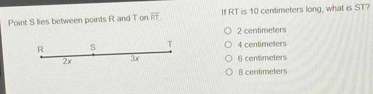 point s lies between points r and t on \\(\\overline{rt}\\). if rt is 1…