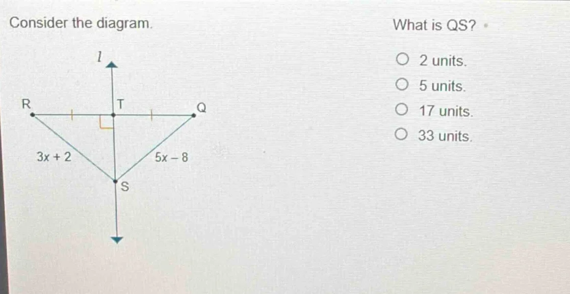 consider the diagram. what is qs? 2 units. 5 units. 17 units. 33 units.