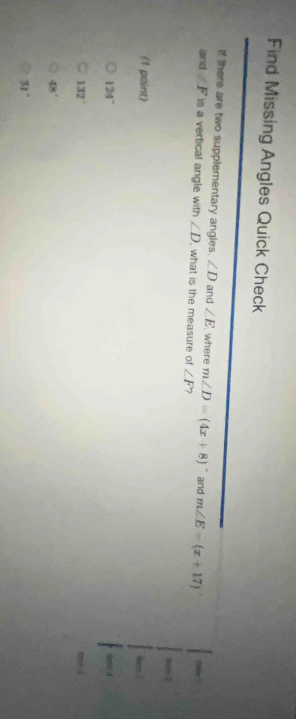 find missing angles quick check (1 point) there are two supplementary a…
