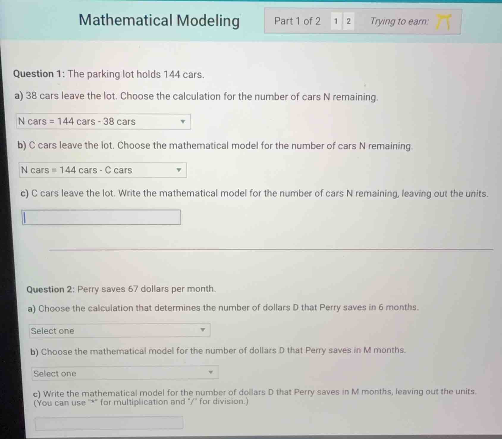 mathematical modeling part 1 of 2 1 2 trying to earn: question 1: the p…