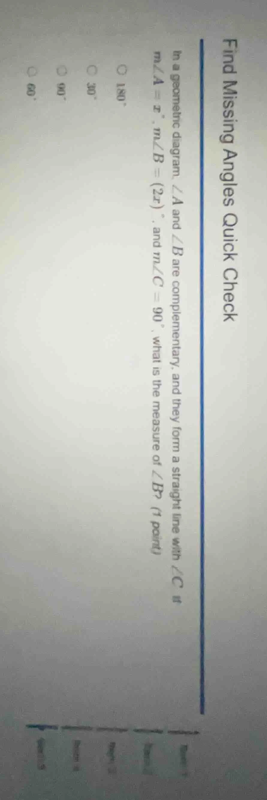 find missing angles quick check in a geometric diagram, ∠a and ∠b are c…