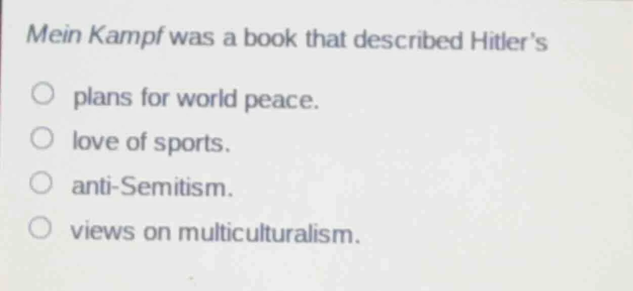 mein kampf was a book that described hitler’s plans for world peace. lo…