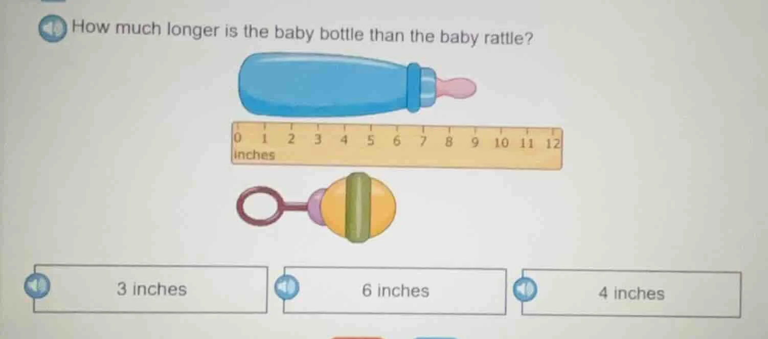 how much longer is the baby bottle than the baby rattle? 3 inches 6 inc…