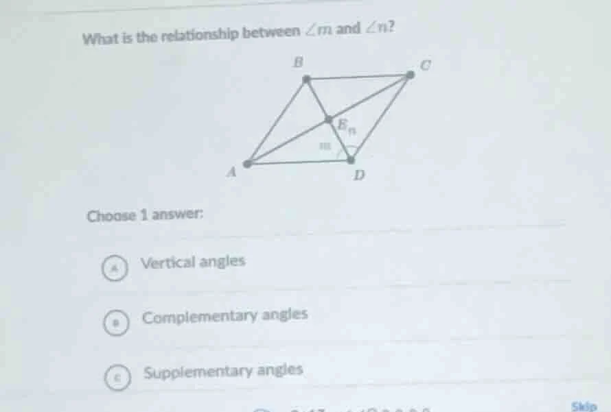 what is the relationship between ∠m and ∠n? choose 1 answer: a vertical…