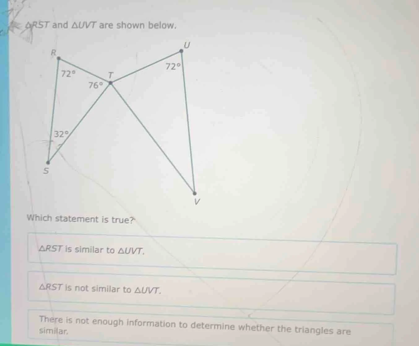 △rst and △uvt are shown below. which statement is true? △rst is similar…