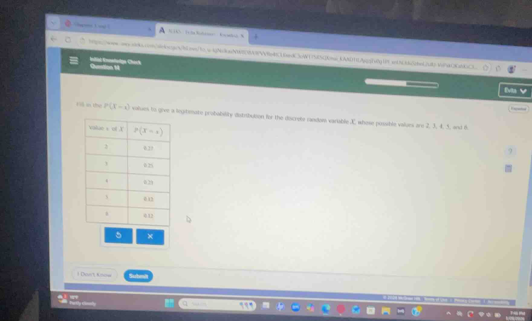 fill in the $p(x = x)$ values to give a legitimate probability distribu…