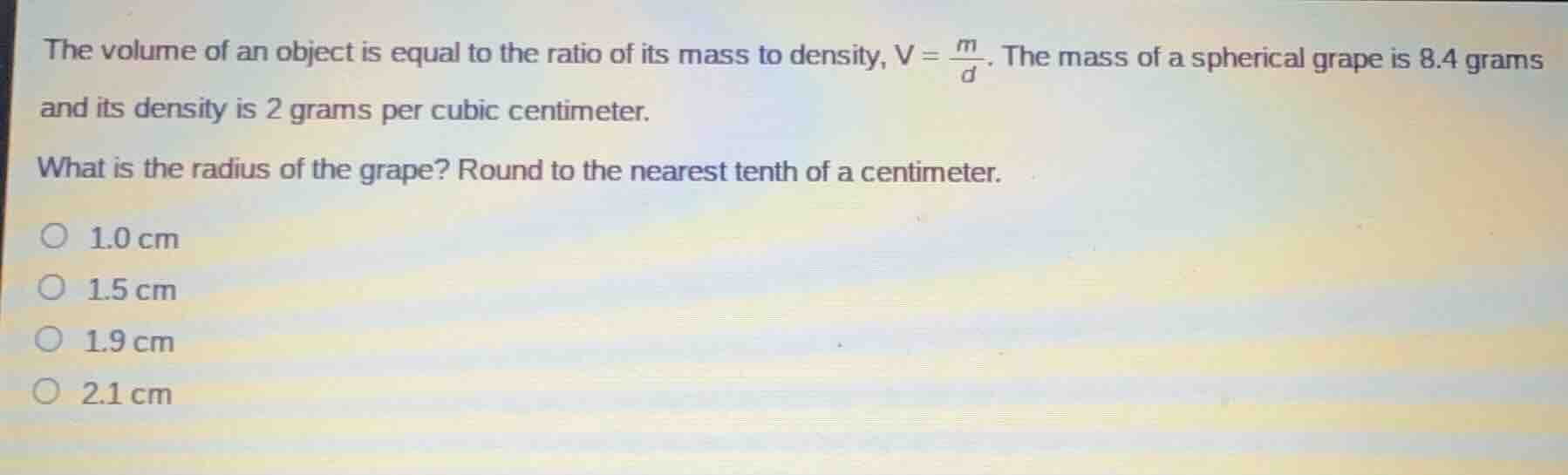 the volume of an object is equal to the ratio of its mass to density, $…