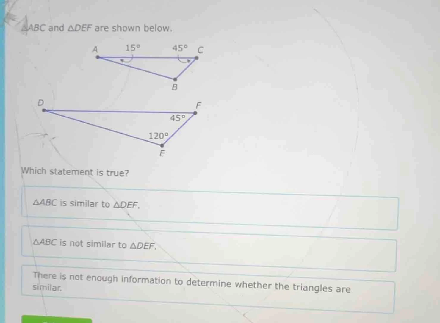 △abc and △def are shown below. which statement is true? △abc is similar…