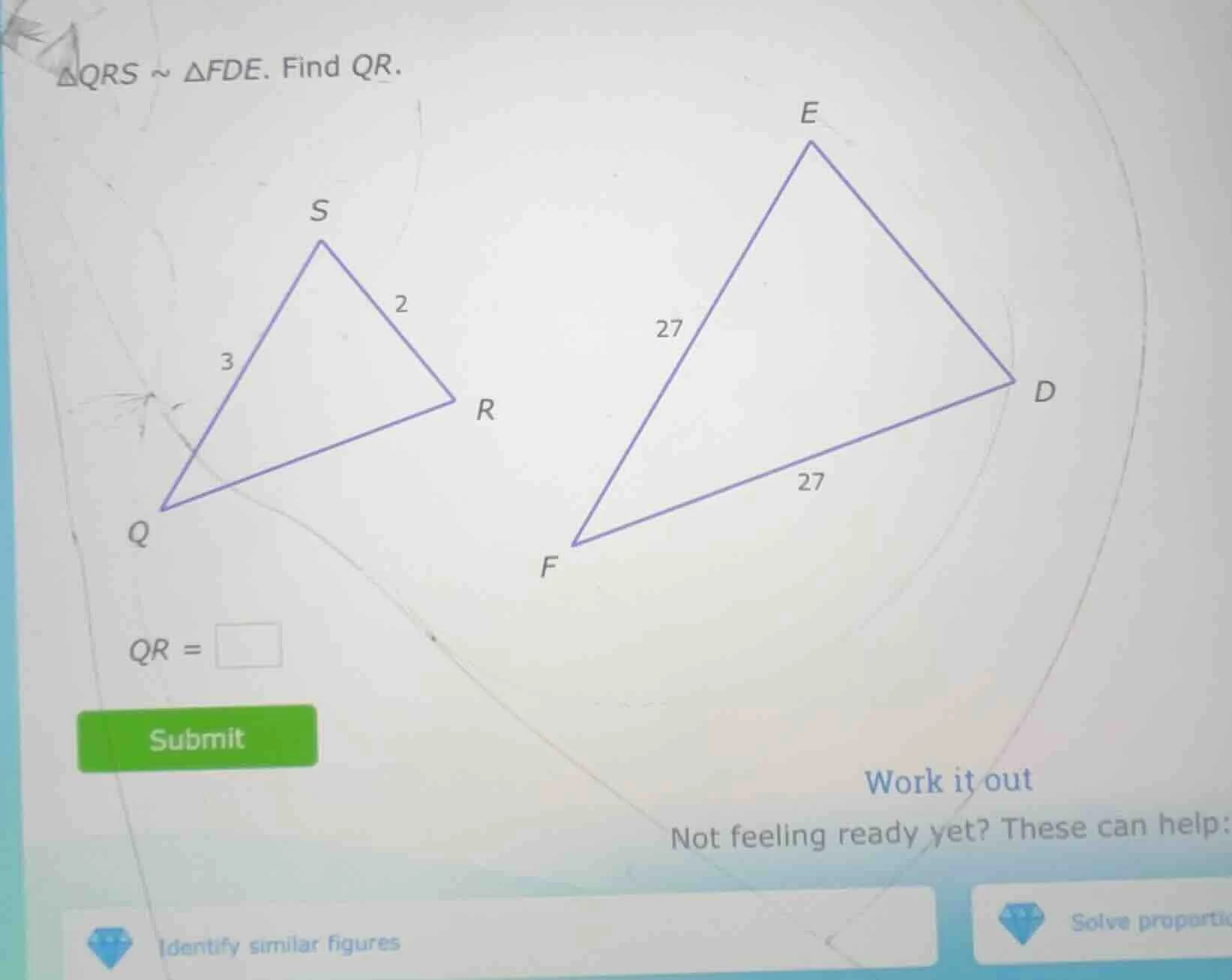 $\\triangle qrs \\sim \\triangle fde$. find $qr$. $qr = \\square$