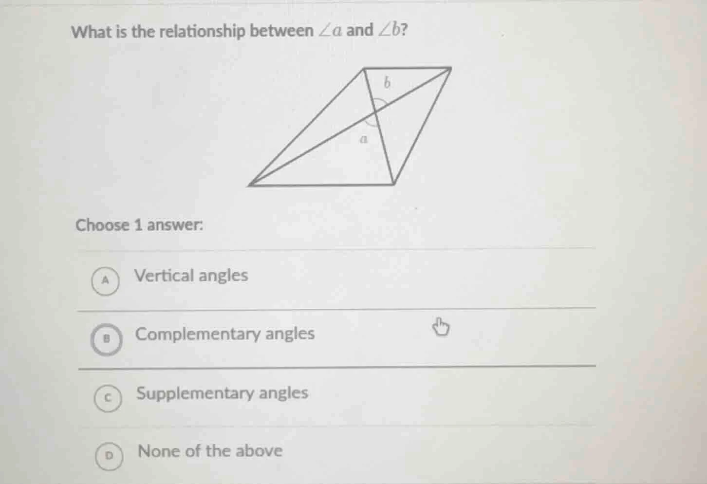 what is the relationship between $\\angle a$ and $\\angle b$? choose 1 …