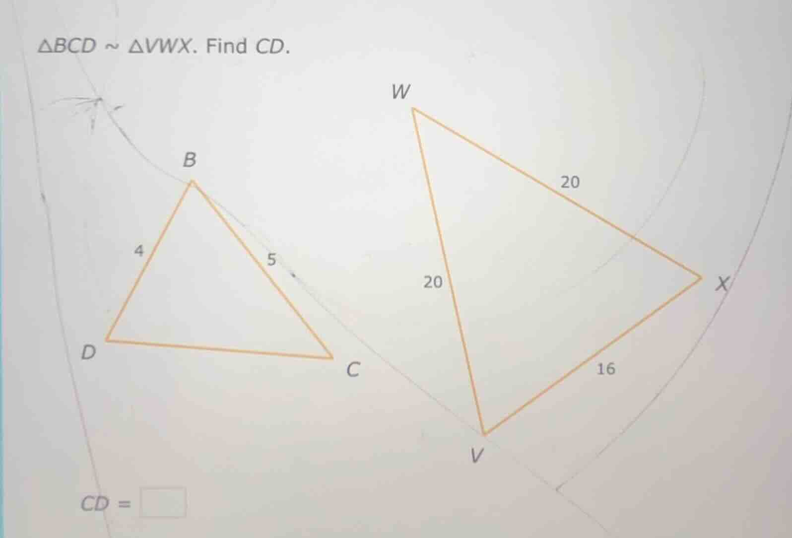 $\\triangle bcd \\sim \\triangle vwx$. find $cd$.