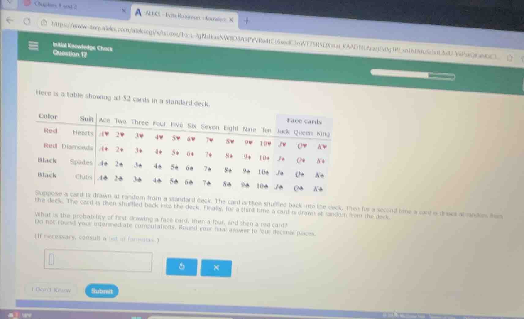 here is a table showing all 52 cards in a standard deck. suppose a card…