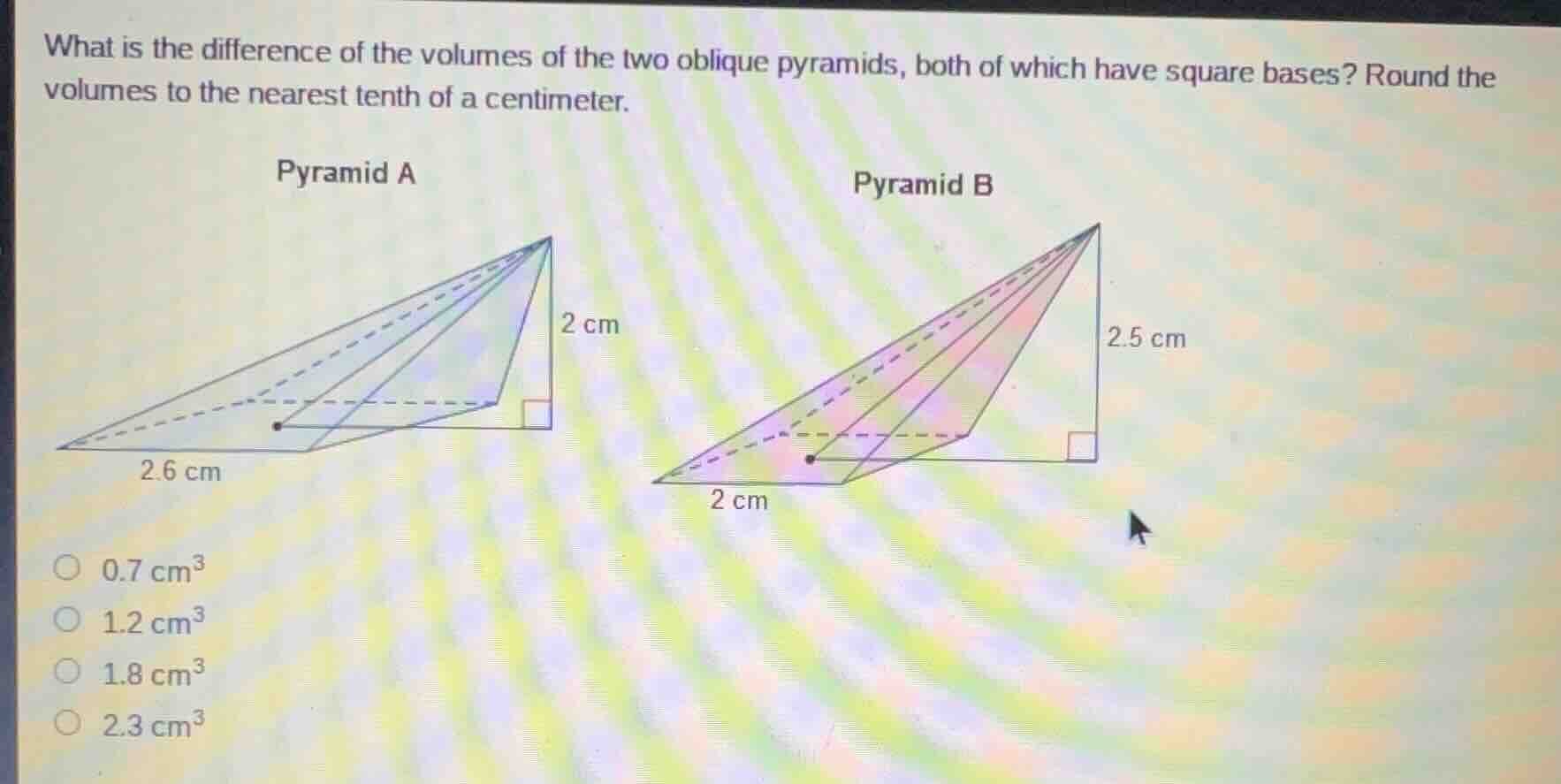 what is the difference of the volumes of the two oblique pyramids, both…