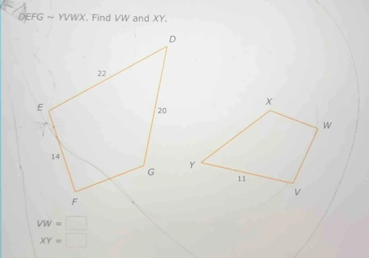 defg ~ yvwx. find vw and xy. vw = xy =