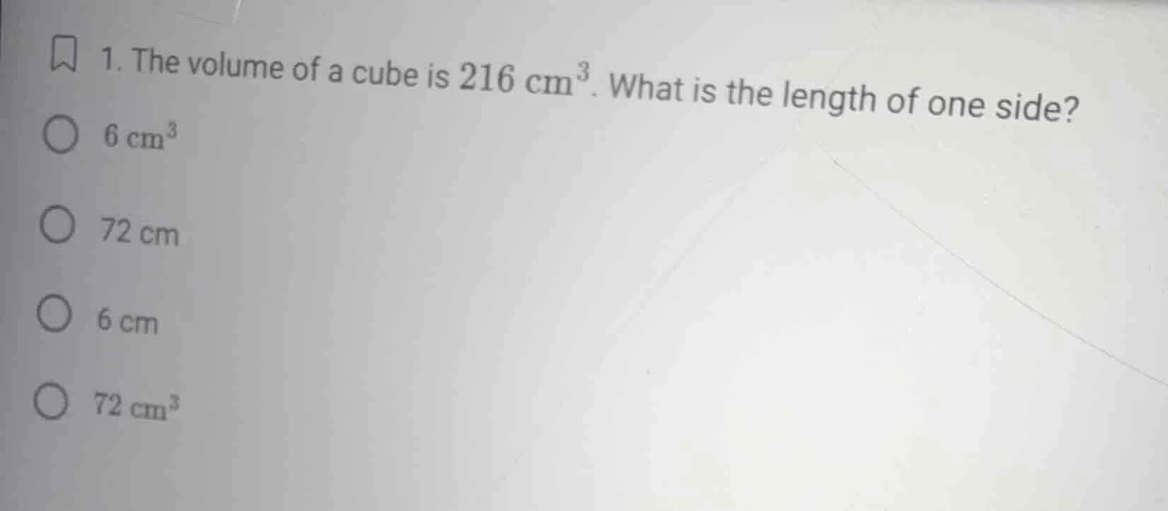 1. the volume of a cube is $216\\ \\mathrm{cm}^3$. what is the length o…