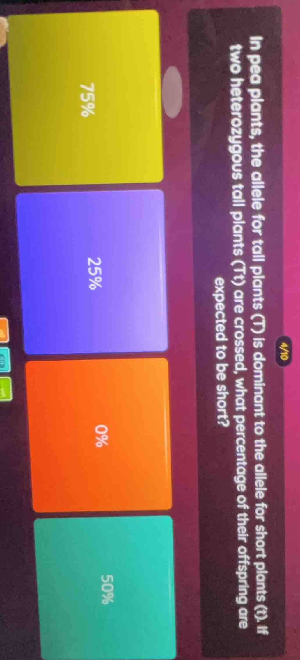 in pea plants, the allele for tall plants (t) is dominant to the allele…