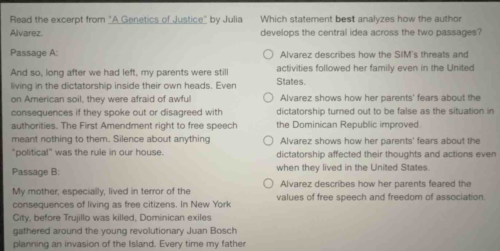 read the excerpt from \a genetics of justice\ by julia alvarez. passage…