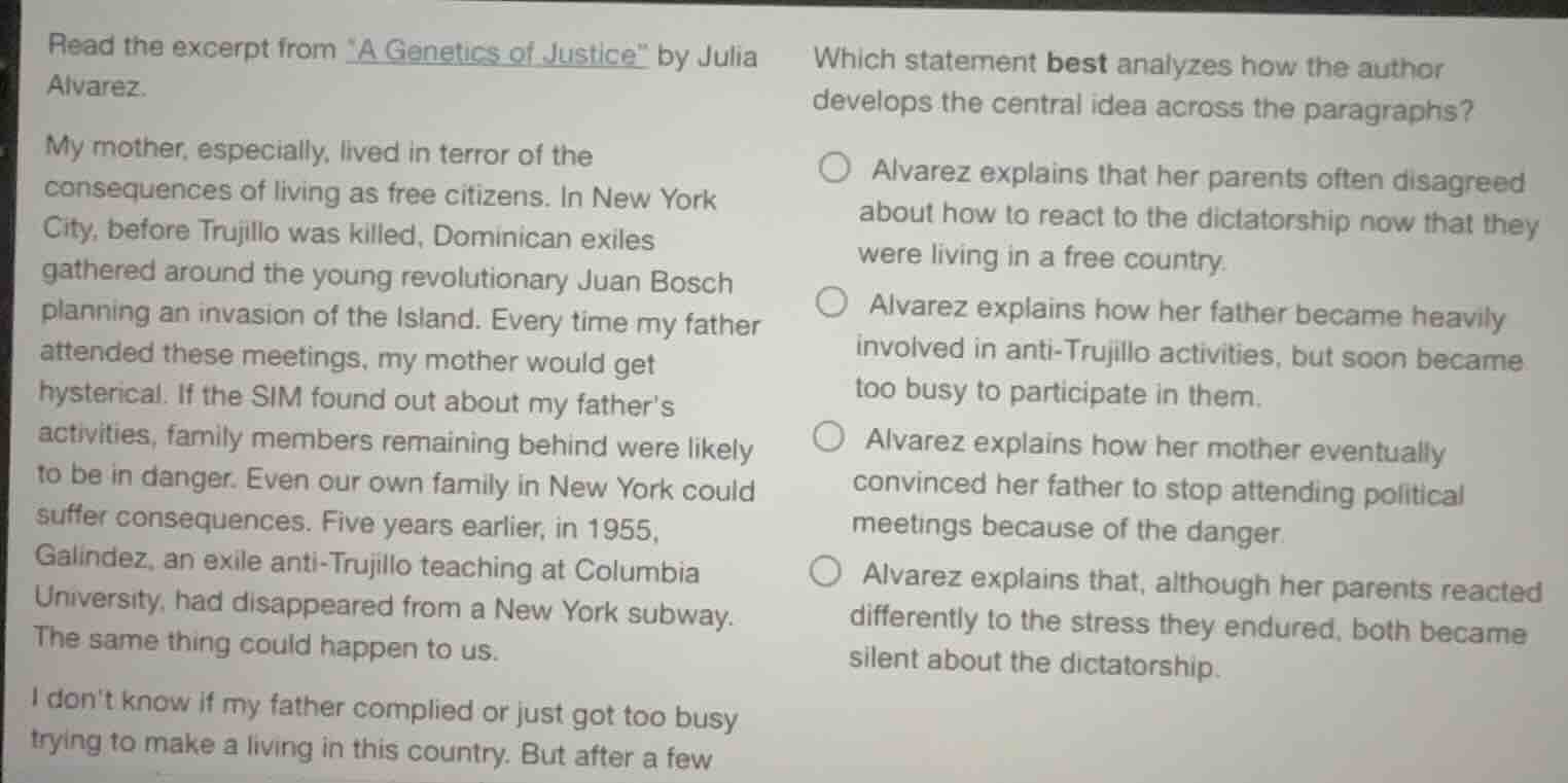 read the excerpt from \a genetics of justice\ by julia alvarez. my moth…