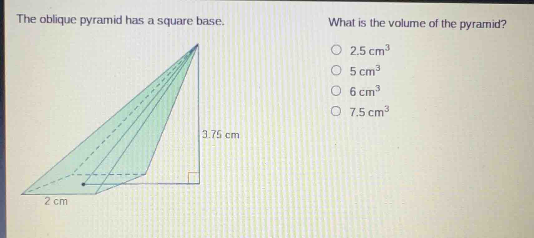 the oblique pyramid has a square base. what is the volume of the pyrami…