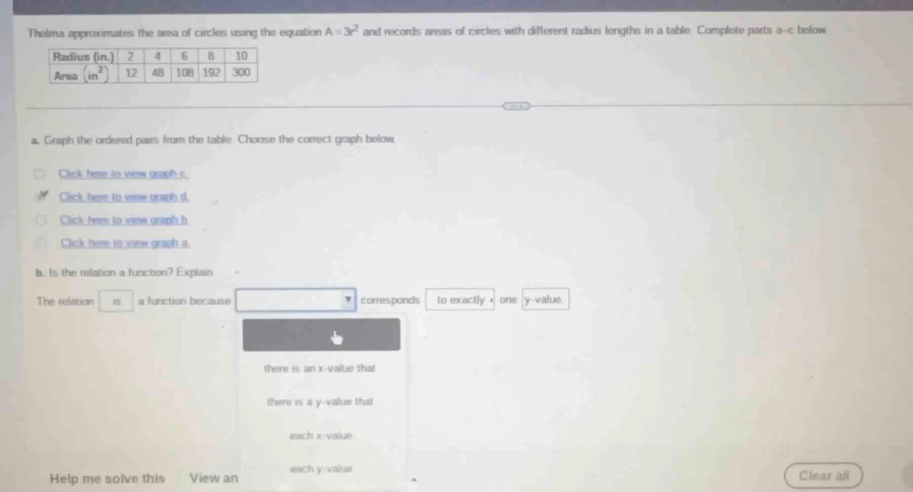 thelma approximates the area of circles using the equation ( a = 3r^2 )…