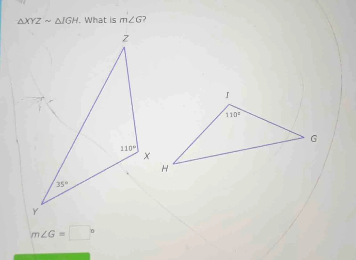 $\\triangle xyz \\sim \\triangle igh$. what is $m\\angle g$? $m\\angle …