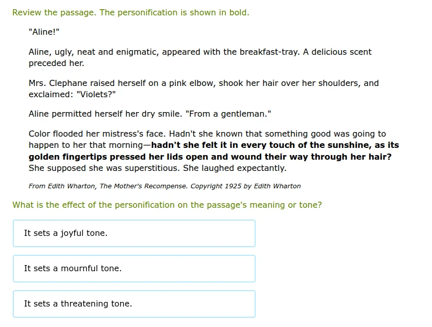 review the passage. the personification is shown in bold. \aline!\ alin…