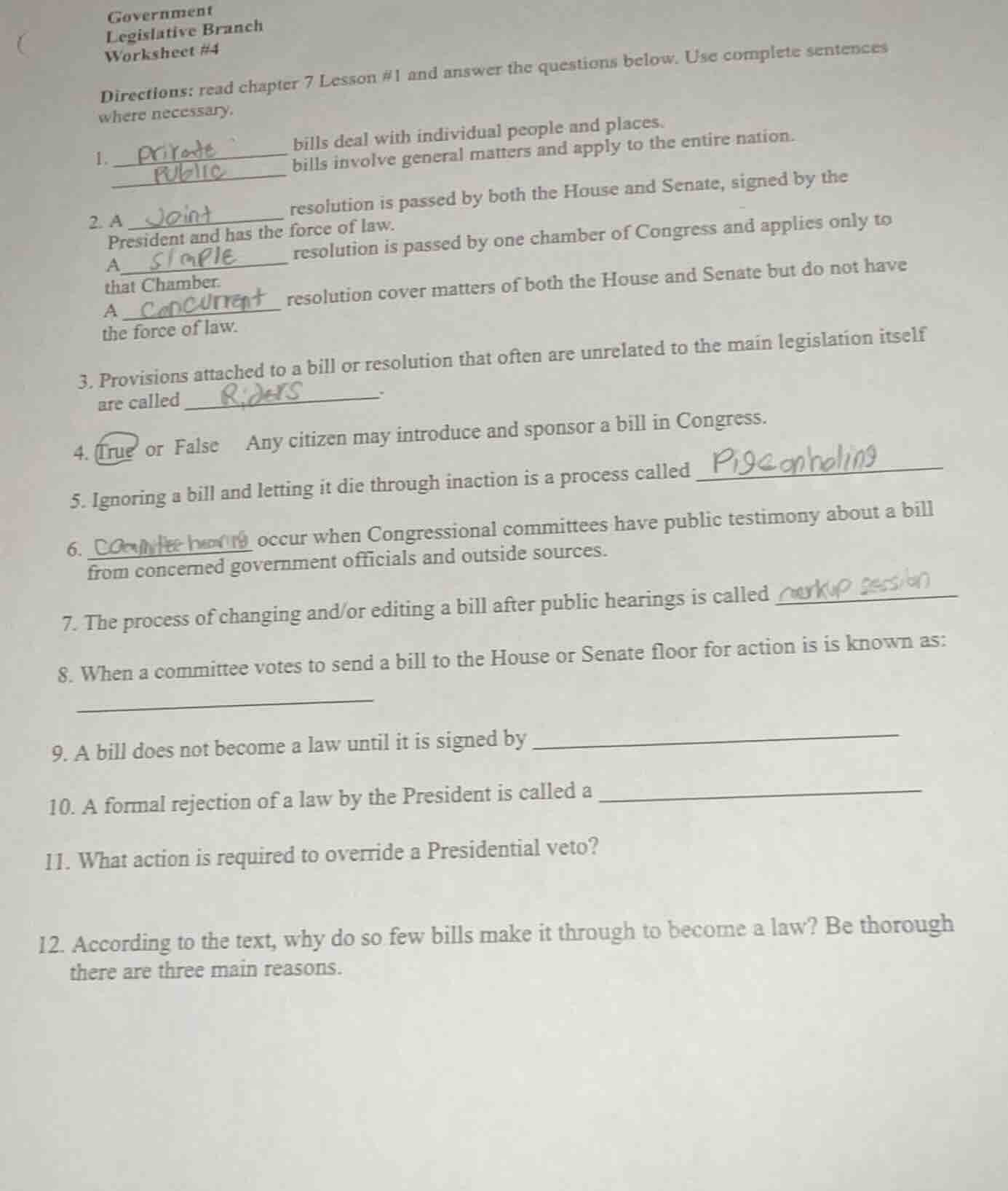 government legislative branch worksheet #4 directions: read chapter 7 l…