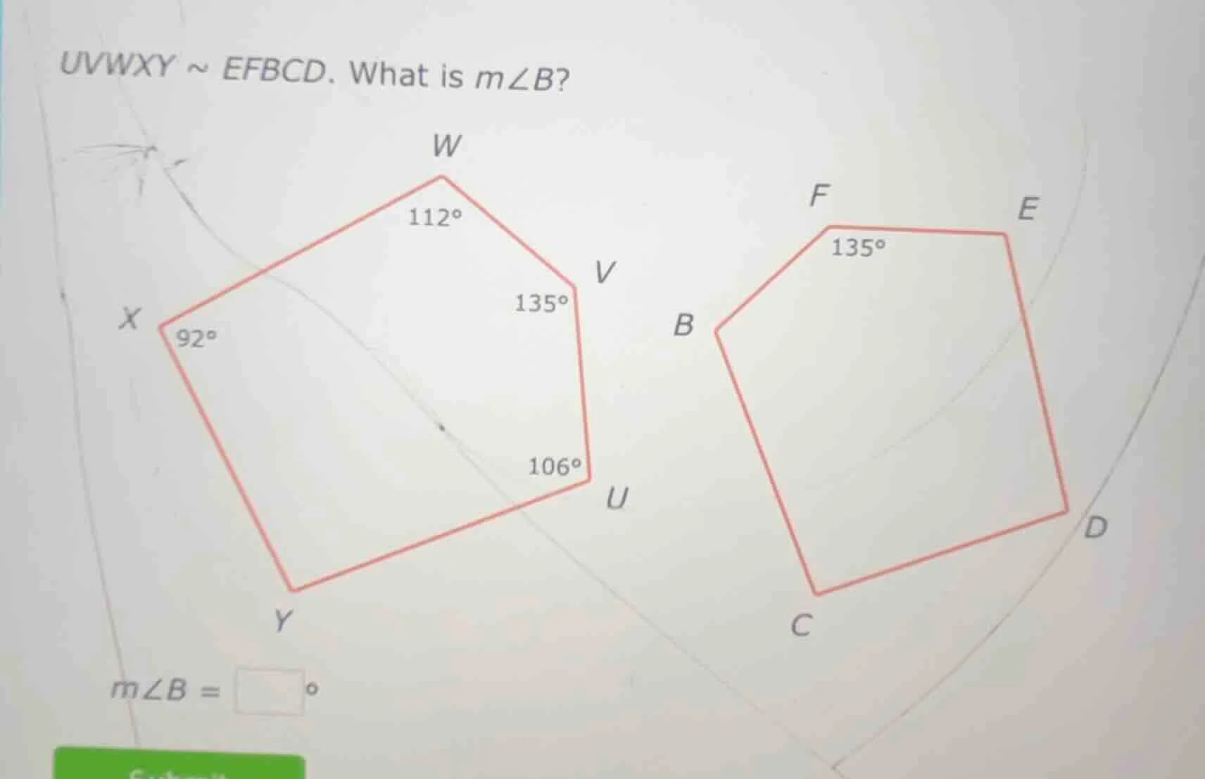 uvwxy ~ efbcd. what is ( mangle b )? ( mangle b = square^circ )